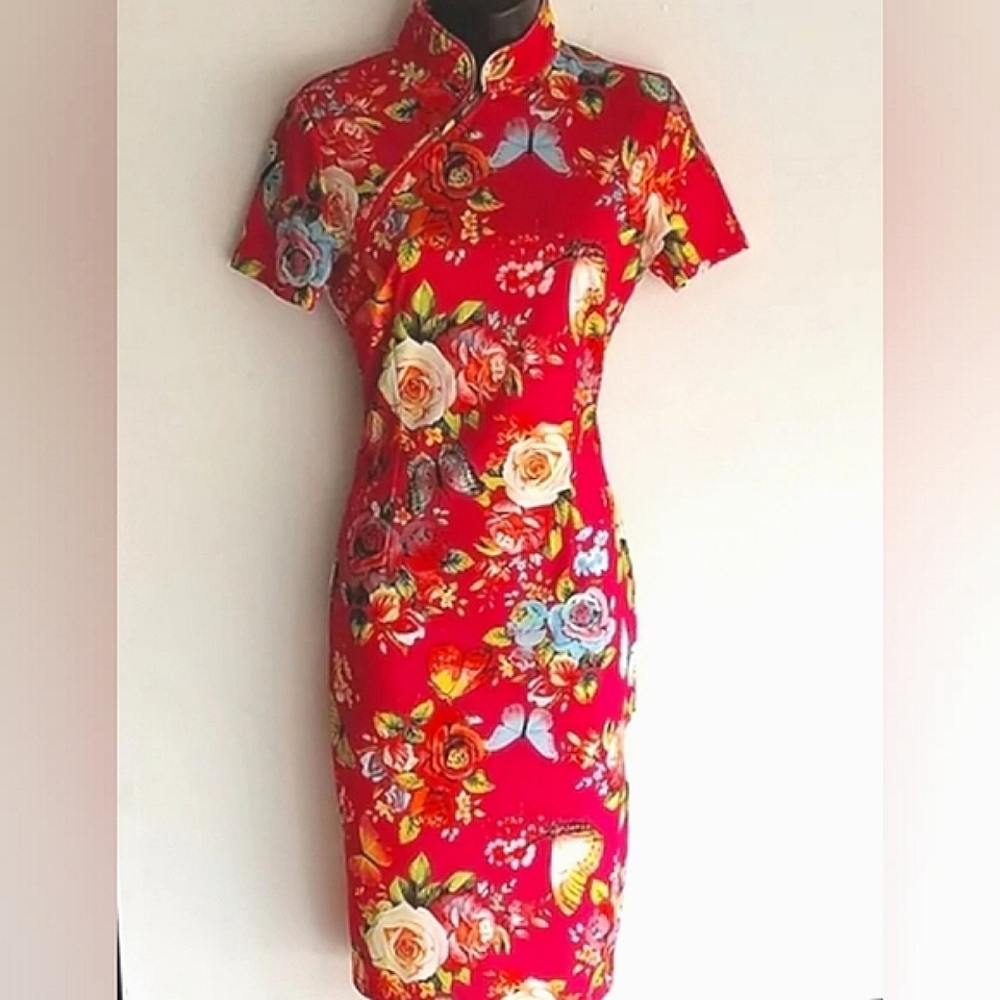 Short Sleeve Floral Stretch Pencil Dress With Stand Collar ⭐️⭐️⭐️ - Picture 2 of 7